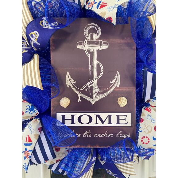 Nautical Wreath “Home Where the Anchor Drops” Coastal Front Door Decor, Handmade - Picture 3 of 9